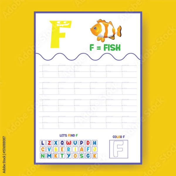 Obraz Alphabet learning and writing practice tracing worksheet template, ABC writing, tracing, coloring practice a4 print ready worksheet vector template for kids