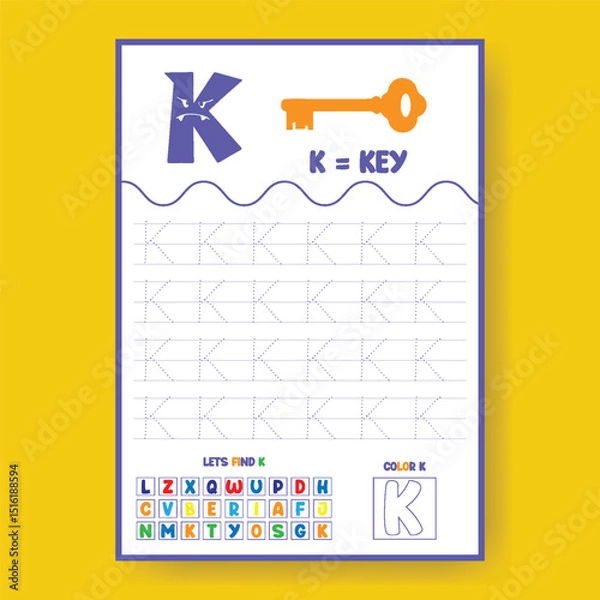 Obraz Alphabet learning and writing practice tracing worksheet template, ABC writing, tracing, coloring practice a4 print ready worksheet vector template for kids