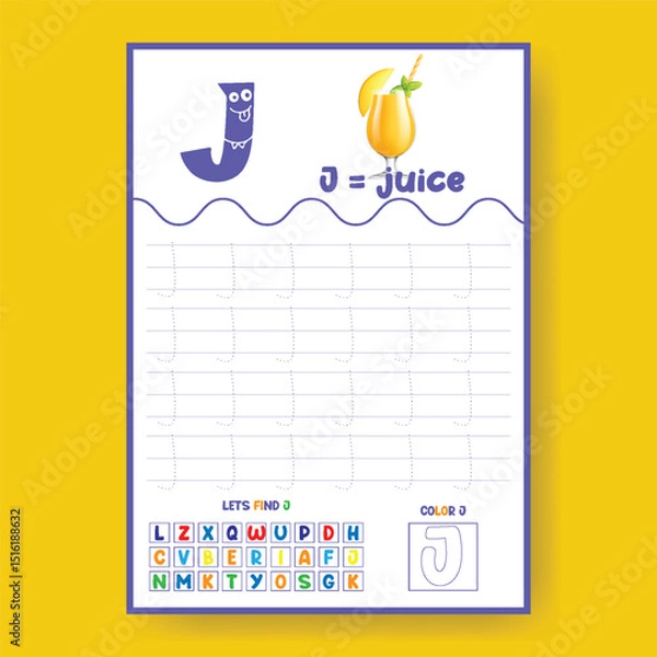 Obraz Alphabet learning and writing practice tracing worksheet template, ABC writing, tracing, coloring practice a4 print ready worksheet vector template for kids