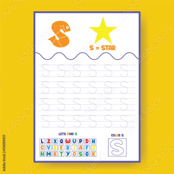 Obraz Alphabet learning and writing practice tracing worksheet template, ABC writing, tracing, coloring practice a4 print ready worksheet vector template for kids
