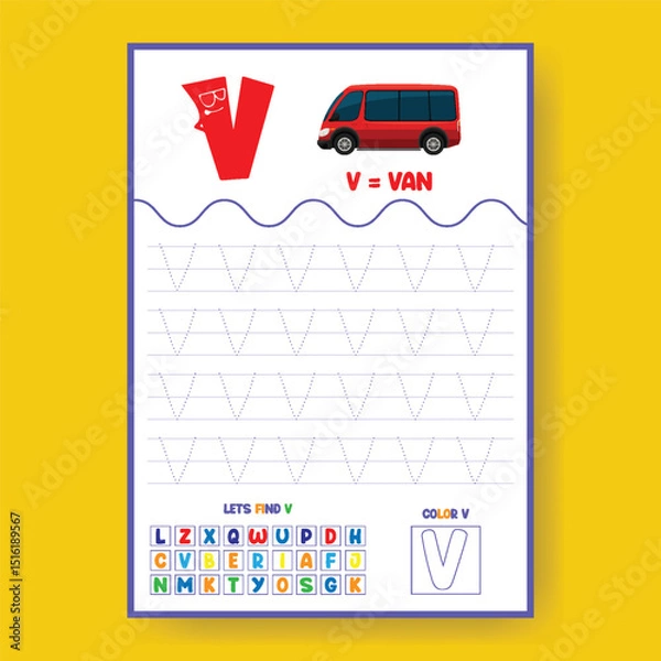 Obraz Alphabet learning and writing practice tracing worksheet template, ABC writing, tracing, coloring practice a4 print ready worksheet vector template for kids