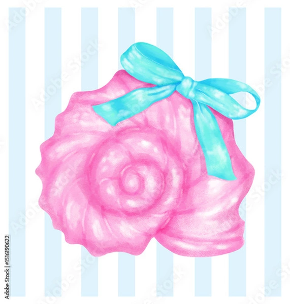 Obraz Coquette Summer Hot Pink Curled SeaShell with Mint Blue Ribbon Bow Watercolor