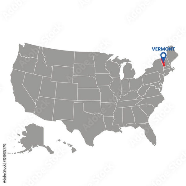 Fototapeta Gray map of United States highlighting Vermont state with location pin symbol. Great for geography and travel themes.
