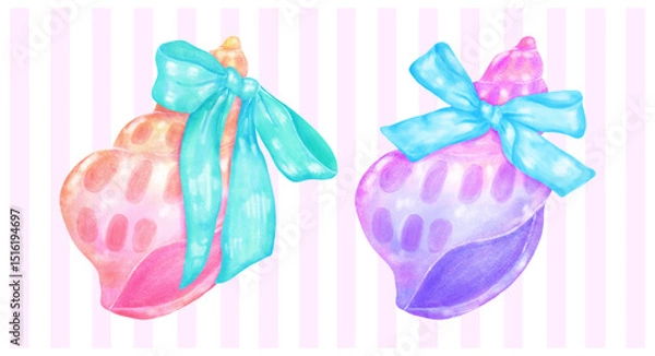 Obraz Coquette Summer Paastel Conch SeaShell with Ribbon Bow Watercolor set