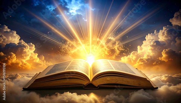 Fototapeta An open bible radiating golden light, surrounded by dark clouds