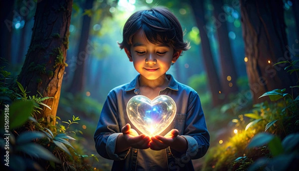 Fototapeta A child holding a glowing crystal heart labeled 'truth' in a dark forest, symbolizing