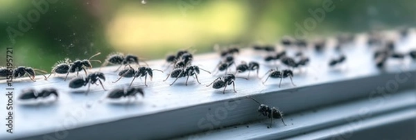 Fototapeta Line of Black Ants Crawling on a Windowsill, Illustrating a Common Household Pest Problem