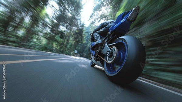 Obraz Fast motorcycle ride through lush green forest, dynamic motion blur, asphalt road, biker in blue riding gear, powerful engine, rear wheel close-up. : Generative AI