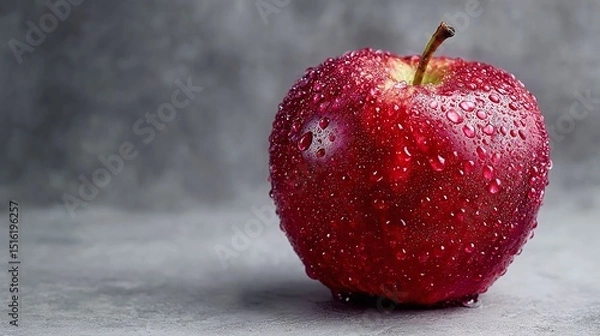 Obraz Fresh Red Delicious apple with water drops on the surface, resting on a white surface against a dark grey background. Ideal for food photography, healthy eating promotions, and freshness visuals
