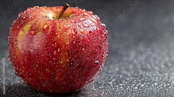 Obraz Fresh Red Delicious apple with water drops on the surface, resting on a white surface against a dark grey background. Ideal for food photography, healthy eating promotions, and freshness visuals