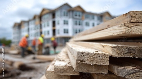 Obraz Freshly cut lumber is stacked prominently in the foreground, while construction workers engage at a nearby building site. This scene captures the progress of new homes being built