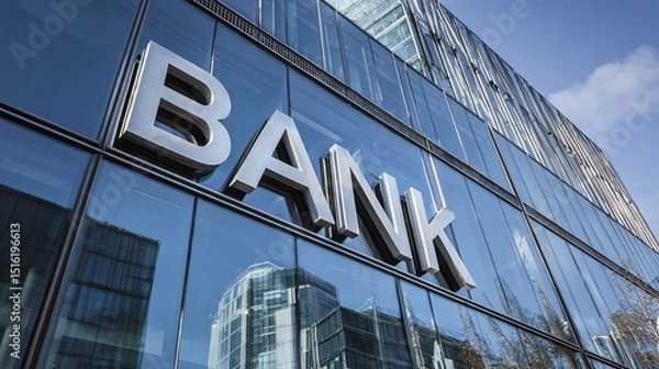 Obraz Modern "Bank" building with glass facade and sleek corporate architecture, reflective windows showing urban cityscape, minimalist signage in bold metallic letters