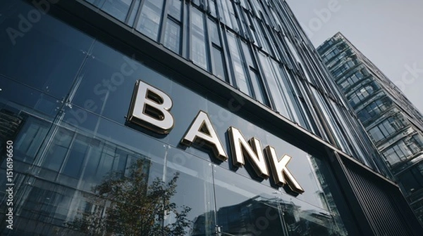 Obraz Modern "Bank" building with glass facade and sleek corporate architecture, reflective windows showing urban cityscape, minimalist signage in bold metallic letters