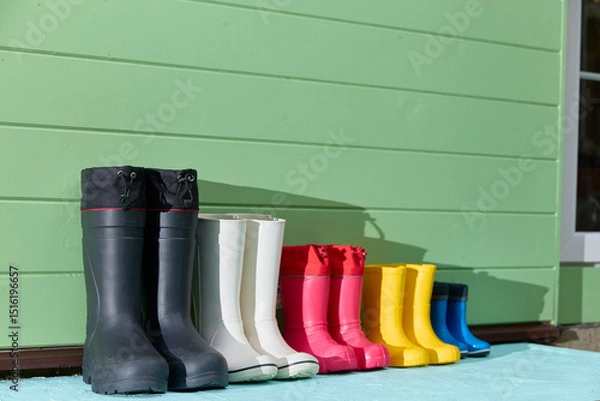 Obraz Colorful Rubber Boots Lined Up Against Green Wall