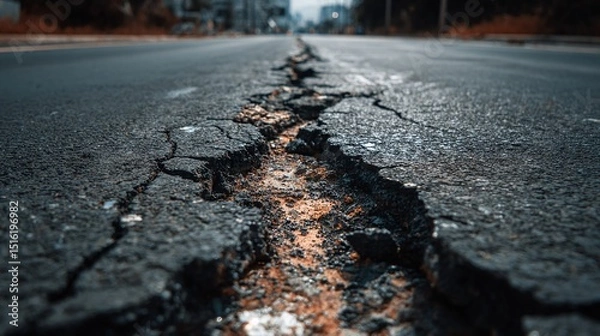 Obraz The picture of the road of the urban city that has been cracked, broken and filled with pothole everywhere on the street lead to a city, a pothole is a depression or hollow in a road surface.