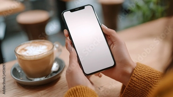 Obraz Woman's hands holding smartphone with blank screen in cafe, near latte, mockup, technology, communication : Generative AI