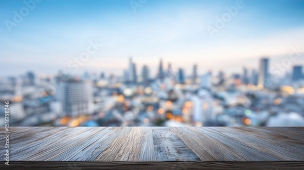 Fototapeta Wooden table with blurred city skyline background twilight sense of urban sophistication
