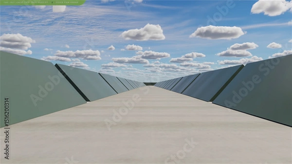 Fototapeta A minimalist architectural photograph of a symmetrical concrete walkway with triangular walls creating a tunnel-like perspective .