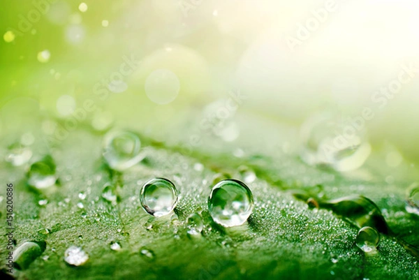 Obraz Many drops of water on a leaf in nature after rain, natural background, macro.