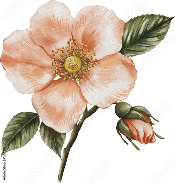Obraz Watercolor illustration of a colorful wild rose (rosehip) flower on a white background. Hand-painted botanical artwork perfect for prints, packaging, stationery, and elegant floral designs.