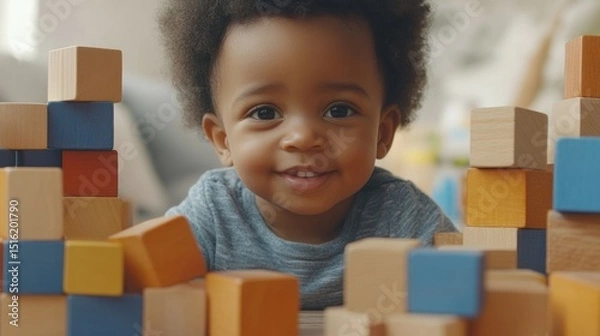 Fototapeta A smiling baby surrounded by colorful wooden blocks