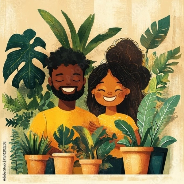 Fototapeta A joyful couple surrounded by lush plants