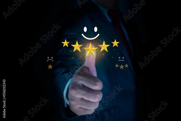 Obraz Business man or customers show satisfaction through the application on the tablet screen. Customer service evaluation, Satisfaction survey concept. giving satisfaction rating and 5 star.