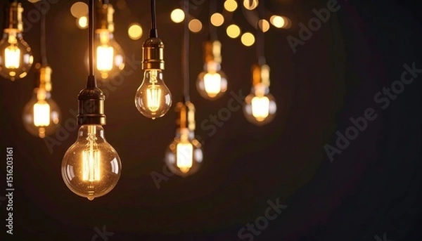 Fototapeta Warm glow, a captivating display of illuminated light bulbs hanging from ceiling