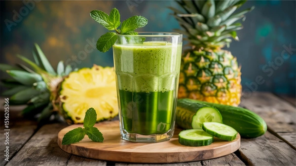 Fototapeta A professional food photography shot of a green smoothie in a tall glass with a textured pattern, positioned on a round wooden cutting board.