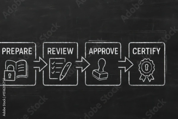 Fototapeta Prepare review approve certify flowchart audit process chalkboard diagram business workflow steps illustration planning organization documentation approval certification process strategy