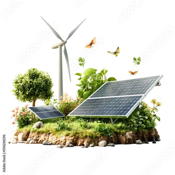 Fototapeta A 3D rendered scene depicting wind turbines and solar panels integrated into a lush natural landscape with trees plants and butterflies representing sustainable and eco friendly power