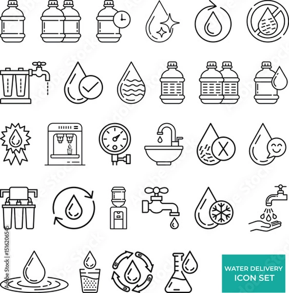 Fototapeta Clean and Minimalist Water Delivery Icon Set Featuring Bottles, Taps, and Filters