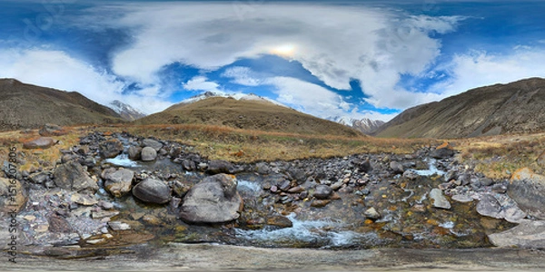 Obraz A 360 by 180 degrees equirectangular panorama of Mountain river with rocks at springtime in mountain gorge at sunny afternoon