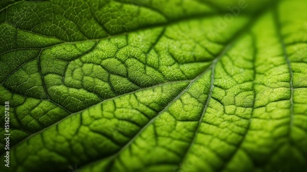 Fototapeta Vibrant green leaf texture in close-up, showcasing nature's organic beauty and intricate details.