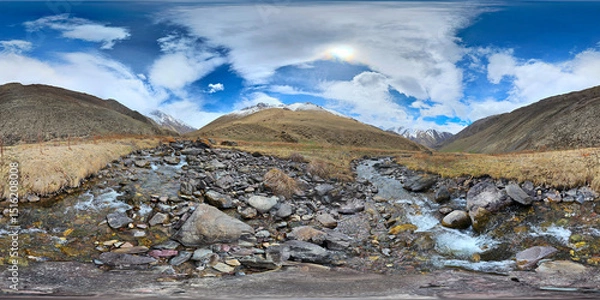 Obraz A 360 by 180 degrees equirectangular panorama of Mountain river with rocks at springtime in mountain gorge at sunny afternoon