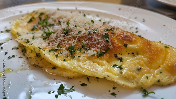 Fototapeta Delicious fluffy omelette with fresh herbs and shredded cheese served on an elegant white plate in soft lighting on dark background, Generative AI