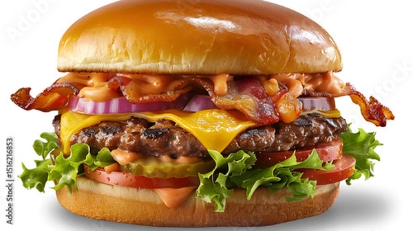 Fototapeta A delicious burger featuring a juicy patty, fresh lettuce, onions, and a special sauce, all nestled between a soft bun, Generative AI