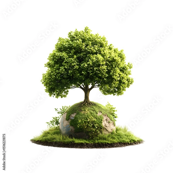 Fototapeta A serene and conceptual 3D rendered image depicting a lush flourishing tree growing atop a floating globe symbolizing the interconnectedness of humanity and the environment