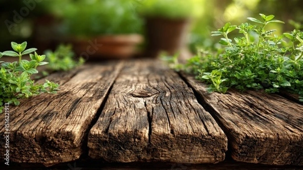 Fototapeta Close-up of weathered wooden surface with green plants in background