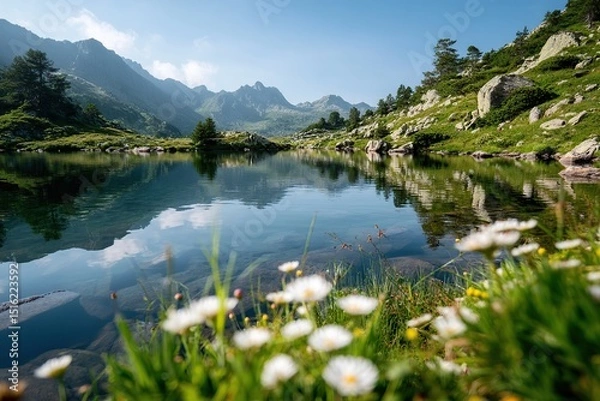 Obraz Serene alpine lake reflecting skies and hills in a tranquil mountain landscape during daytime
