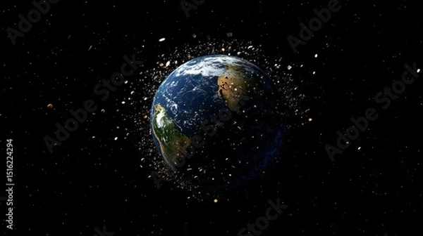 Fototapeta 3D space view showing Earth surrounded by space debris from satellites and ships, highlighting orbital pollution. 