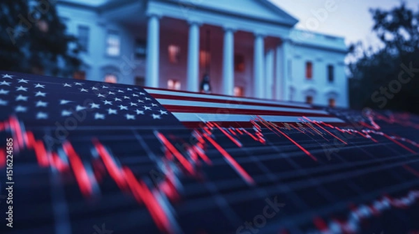 Obraz Close up of a stock market chart going down with the White House in the background, featuring red and blue colors and an American flag with a blurry White House background