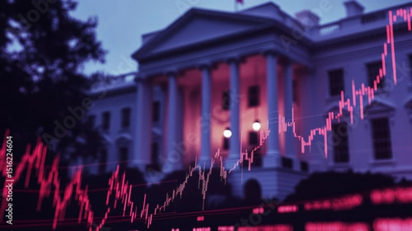 Obraz Close up of a stock market chart going down with the White House in the background, featuring red and blue colors and an American flag with a blurry White House background