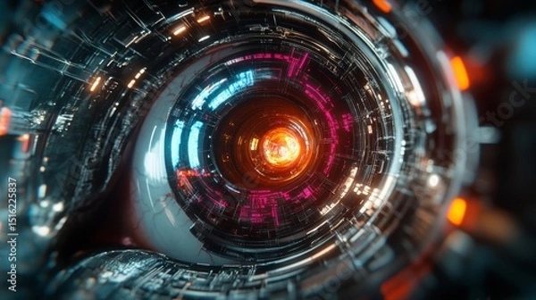 Fototapeta 3D futuristic eye interface with scaffolding visuals shows a high-tech digital vision system.