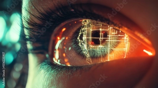 Fototapeta 3D futuristic eye interface with scaffolding visuals shows a high-tech digital vision system.