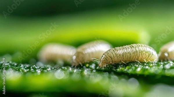 Fototapeta A close-up of tiny larvae resting on a lush green leaf highlights the intricate details of nature, representing growth, life cycles, and the beauty of the natural world.