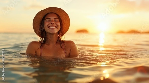 Fototapeta Radiating joy, a woman stands in calm ocean waters during sunset, basking in the warm glow and creating a feeling of bliss and freedom in this beautiful moment.