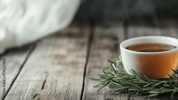 Fototapeta This image features a soothing cup of herbal tea placed on a rustic wooden table, surrounded by fresh herbs, creating a calming and inviting atmosphere for tea lovers.