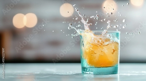 Fototapeta An elegant glass filled with a refreshing drink splashes dramatically, showcasing motion and excitement, ideal for conveying energy and enjoyment in beverage-related visuals.