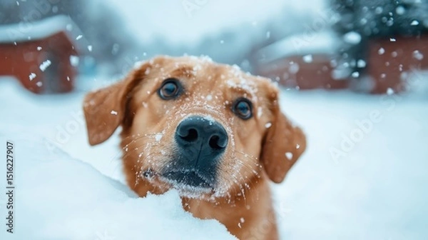 Fototapeta A playful golden retriever puppy gazes curiously at the camera while surrounded by a snowy landscape, capturing the joy and wonder of winter moments with pets.